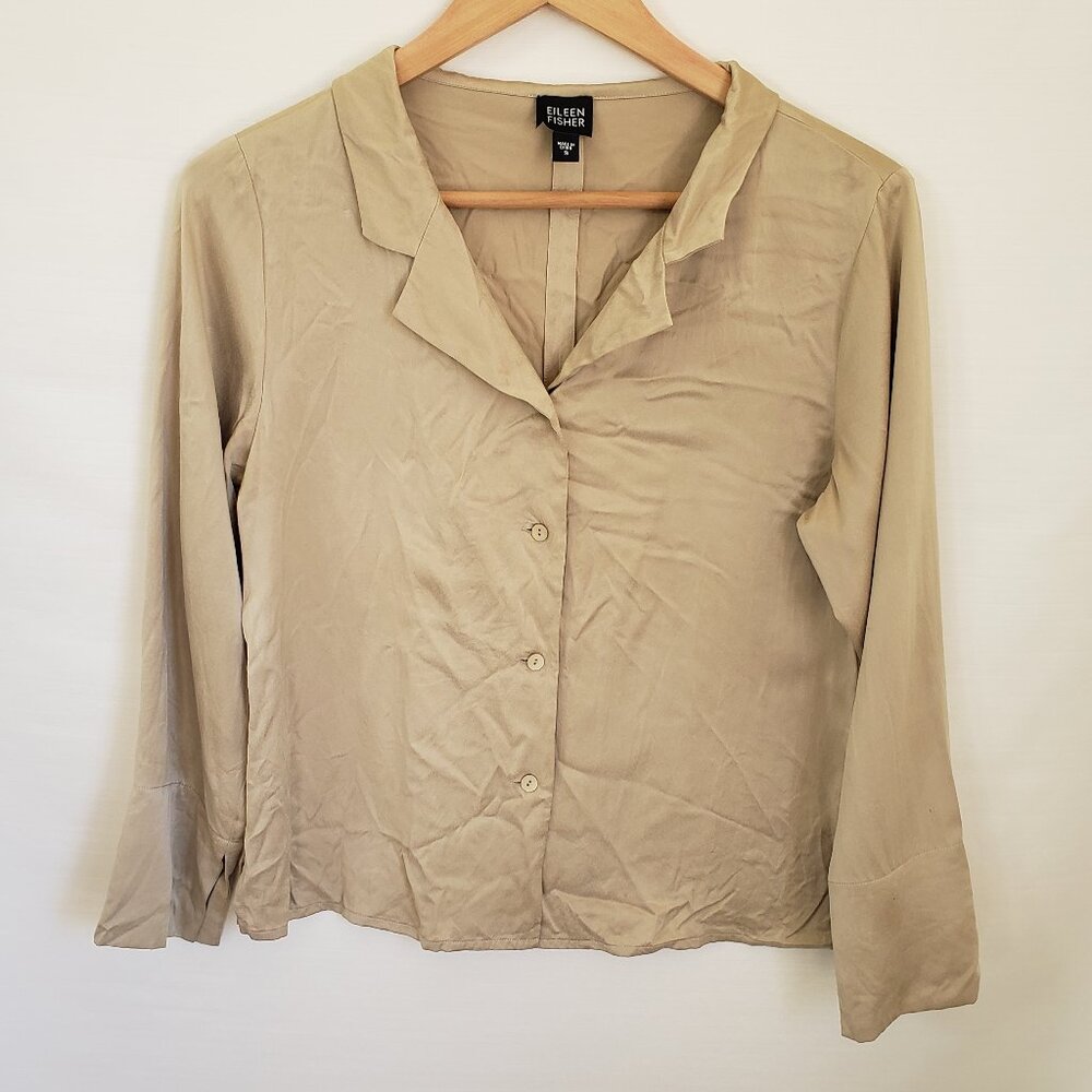 Eileen Fisher Tan 3/4 Sleeve Button Up Blouse Size Small 100% Silk